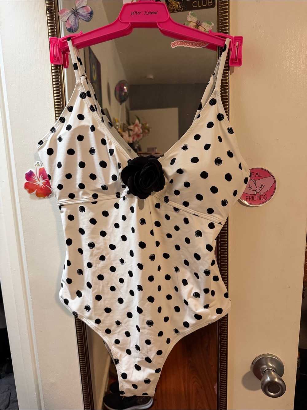 BETSEY JOHNSON Polka Dot One-Piece Swimsuit with Black Flower Accent & cover up